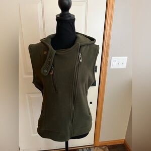 Women’s Doublju olive green fleece moto sleeveless hooded vest. Size large